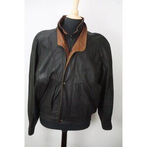 Remy Black Brown Double Collar Leather Bomber Jacket Sz 42